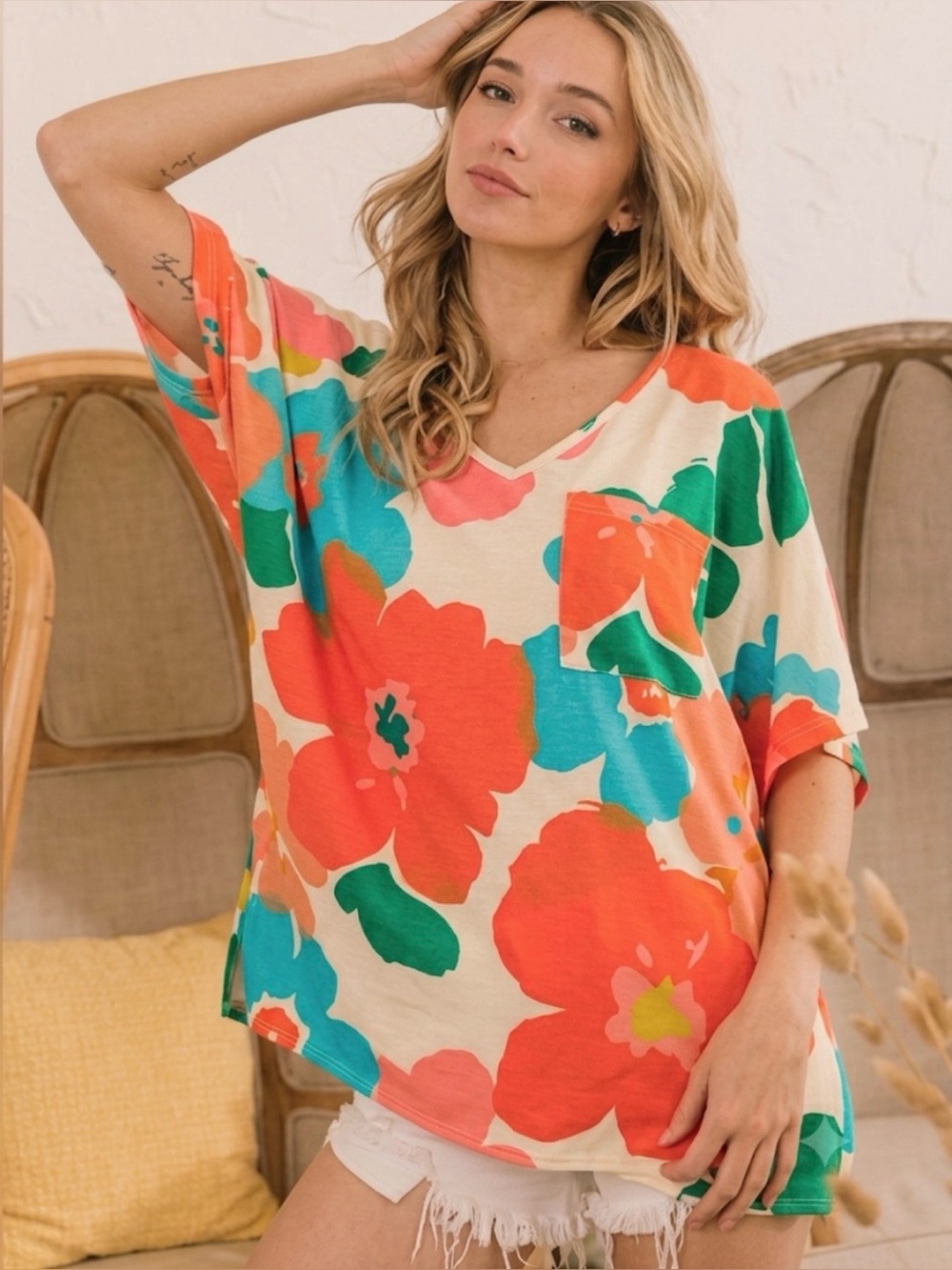 Bibi Orange Blue Ivory Bold Floral Oversized Dolman Sleeve Top S Retro Gorpcore